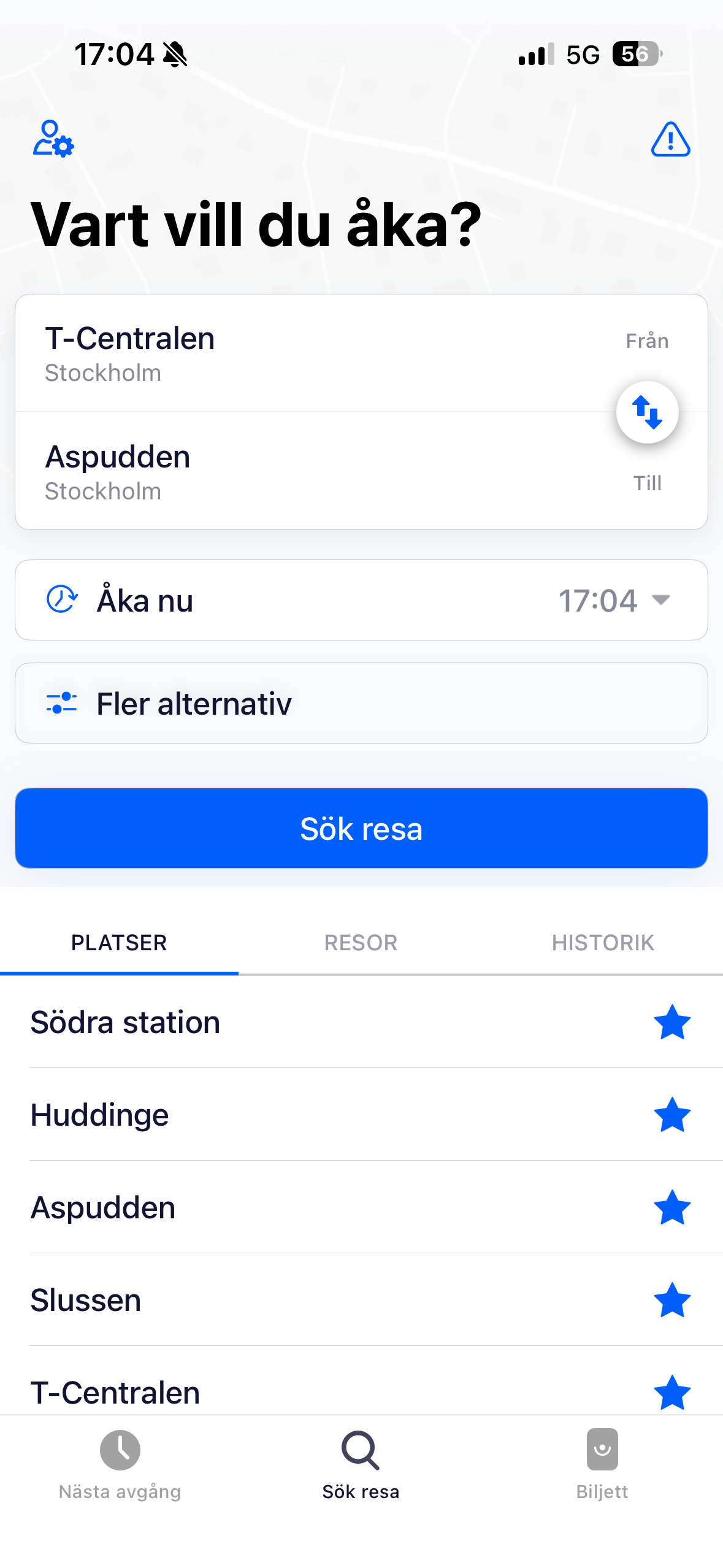 Sök resa – från och till, avresetid och favorithållplatser samlade på ett och samma ställe.