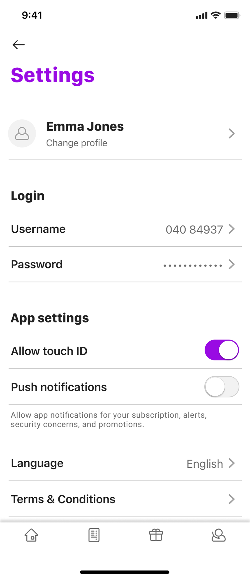 Inställningarna samlar profil, inloggning och appalternativ – inklusive Touch ID och språkval.