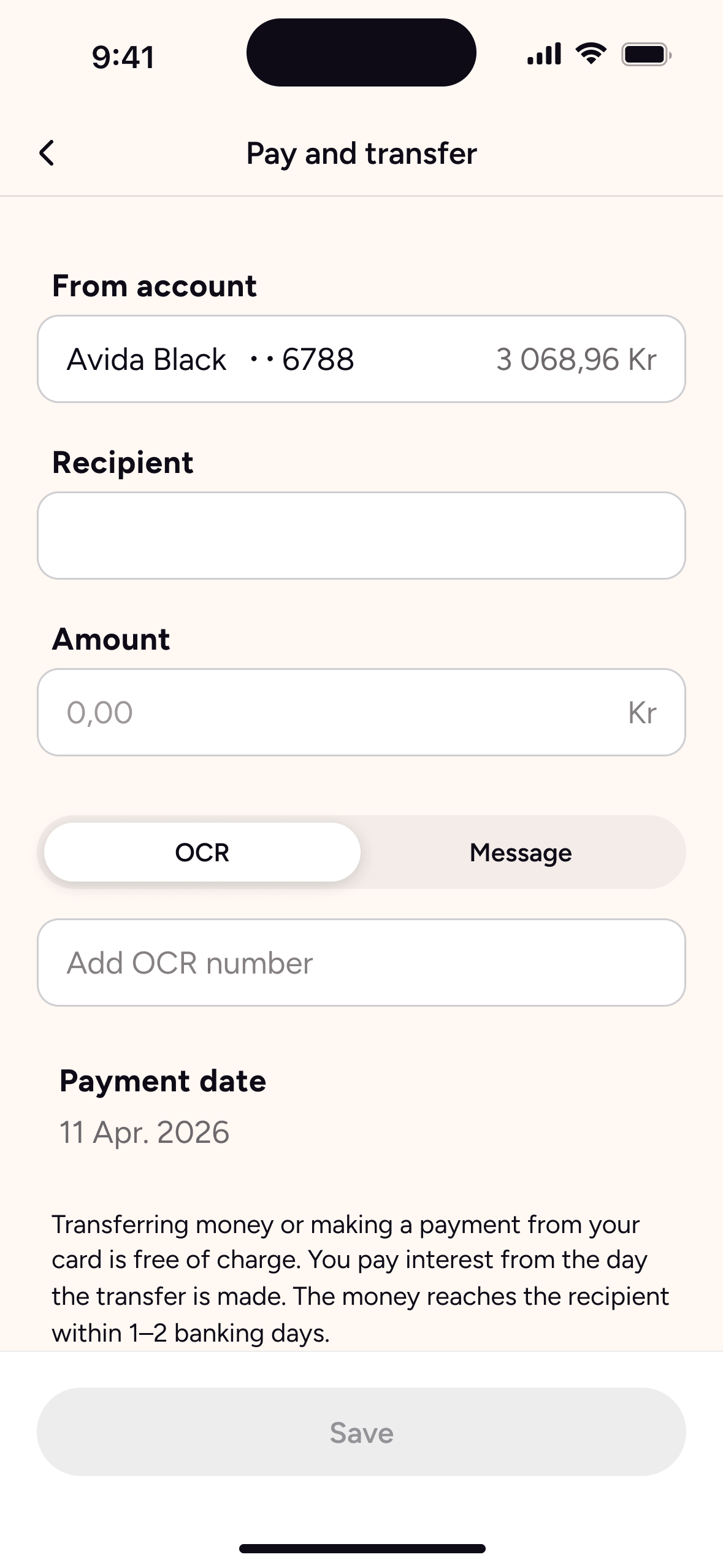 Betalning med OCR eller meddelande, med datum och villkor inom räckhåll.