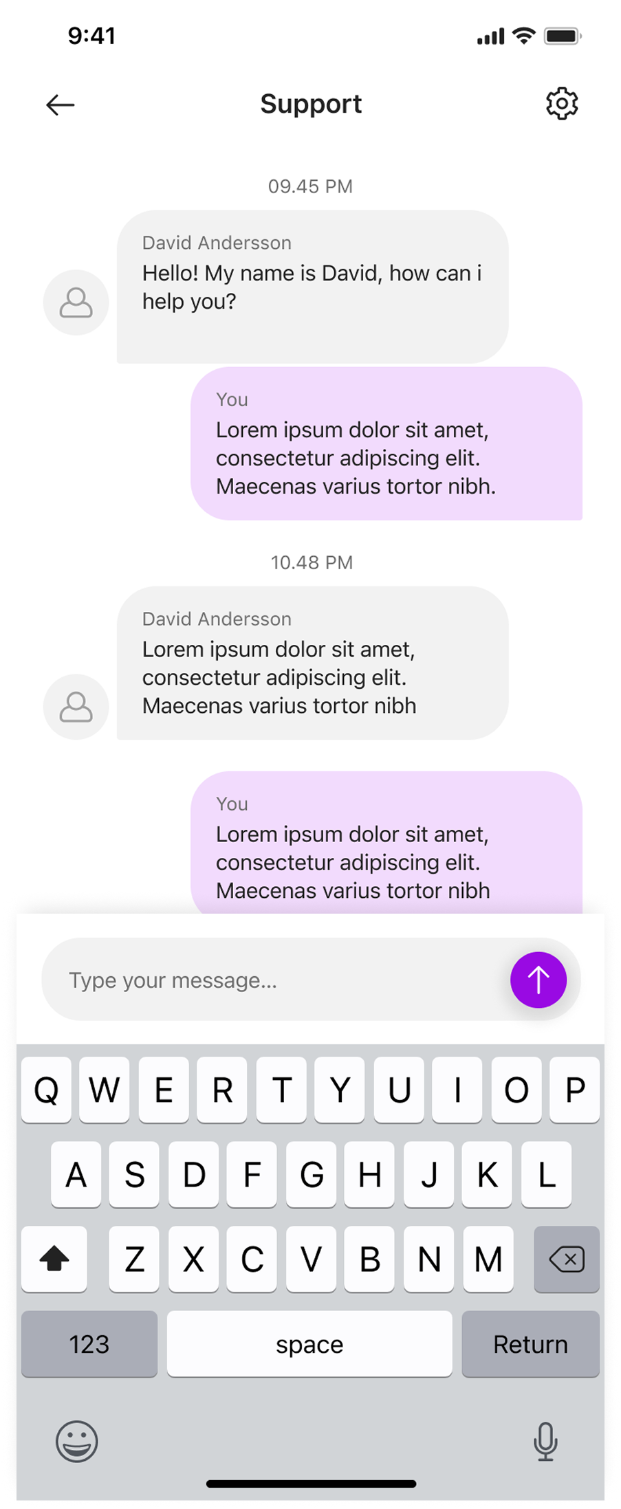 Supportchatten håller konversationen i fokus med ett stort inmatningsfält och en tydlig skicka-knapp.
