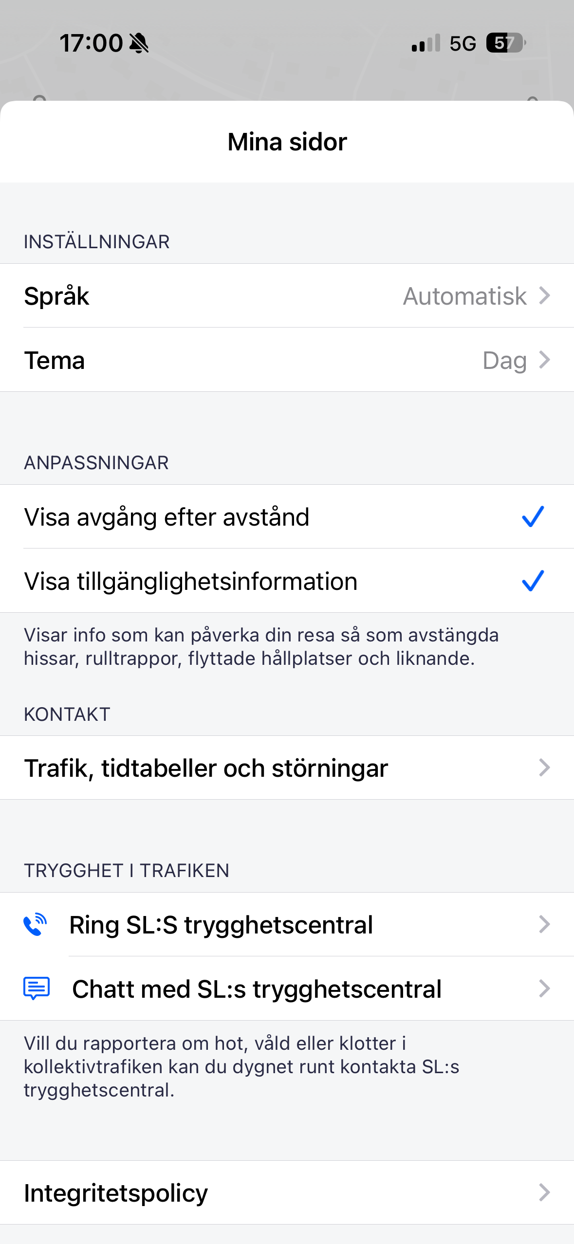 Mina sidor – språk, tema och tillgänglighetsval samlade med direktvägar till trafikinfo och trygghet.