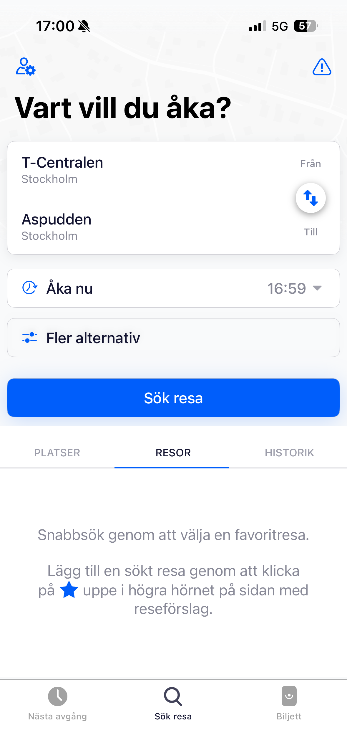 Resor – sparade favoritresor ger snabb åtkomst, och det tomma läget förklarar hur en resa läggs till.