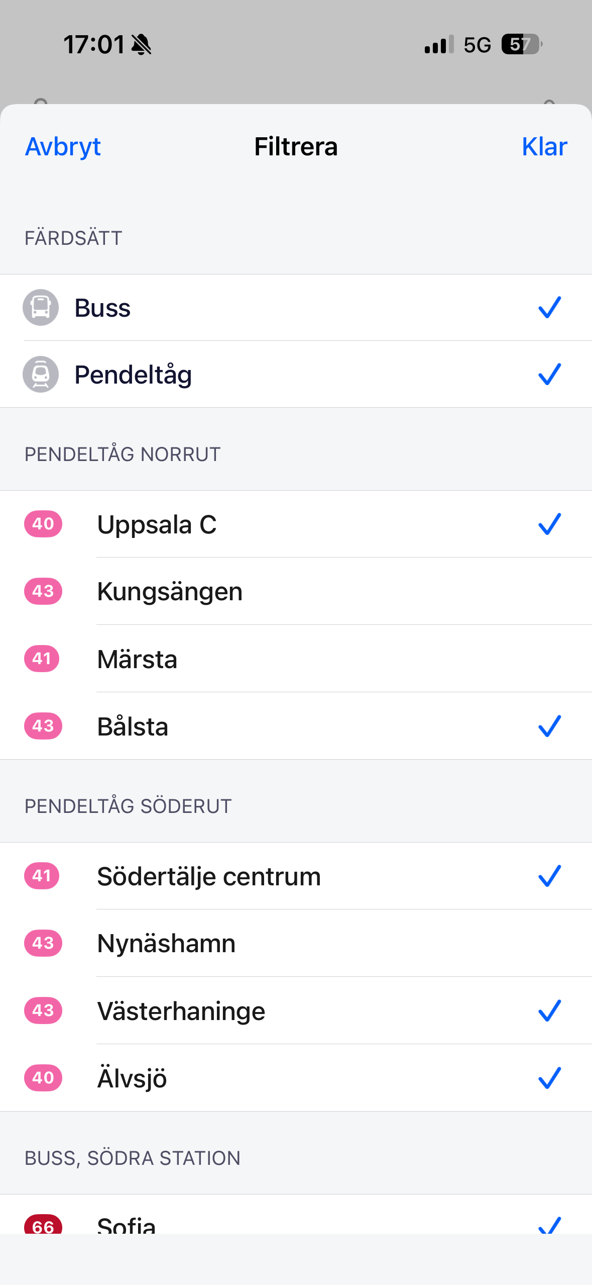 Filtrera linjer – välj färdsätt och enskilda linjer, och sortera bort det som inte är relevant för resan.