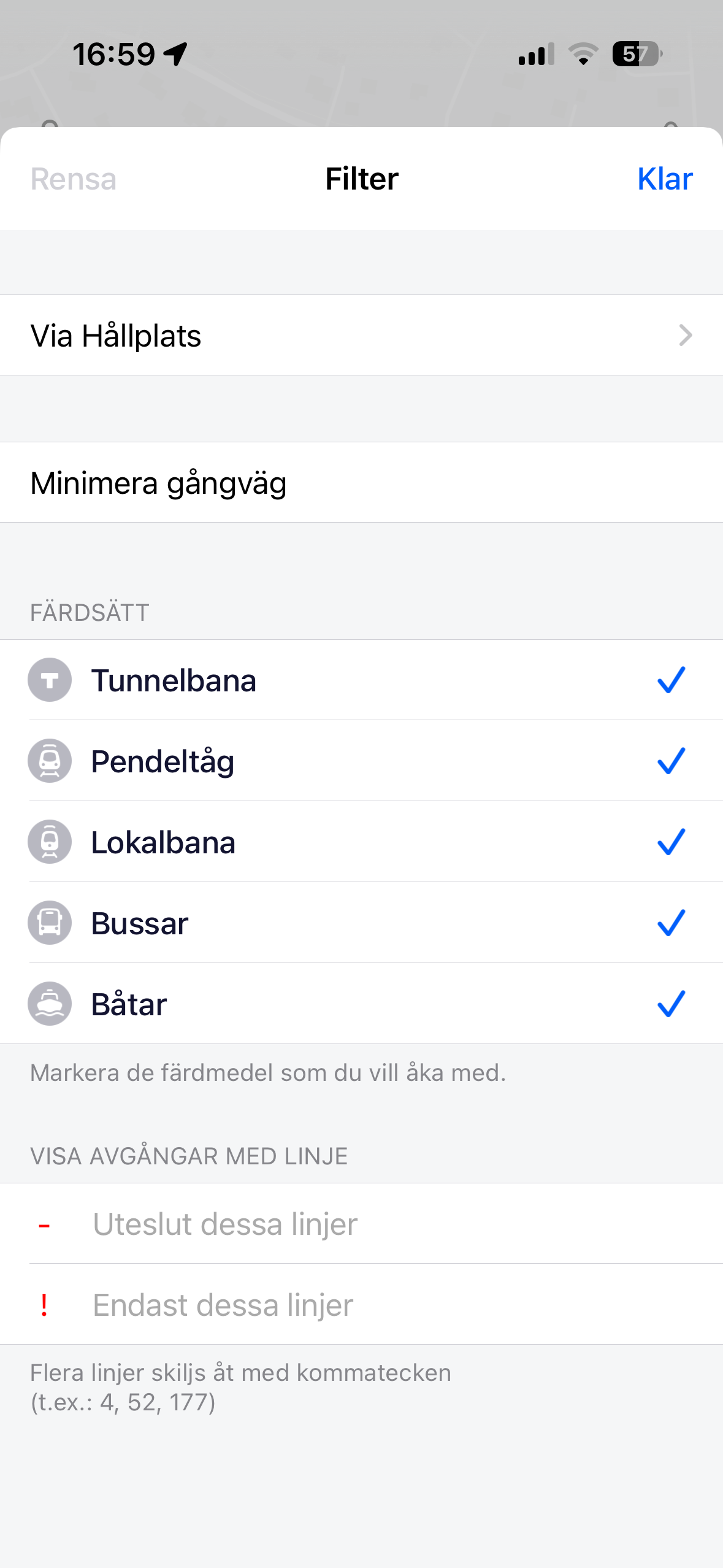 Filter för reseförslaget – färdsätt, gångväg och vilka linjer som ska visas eller undvikas.