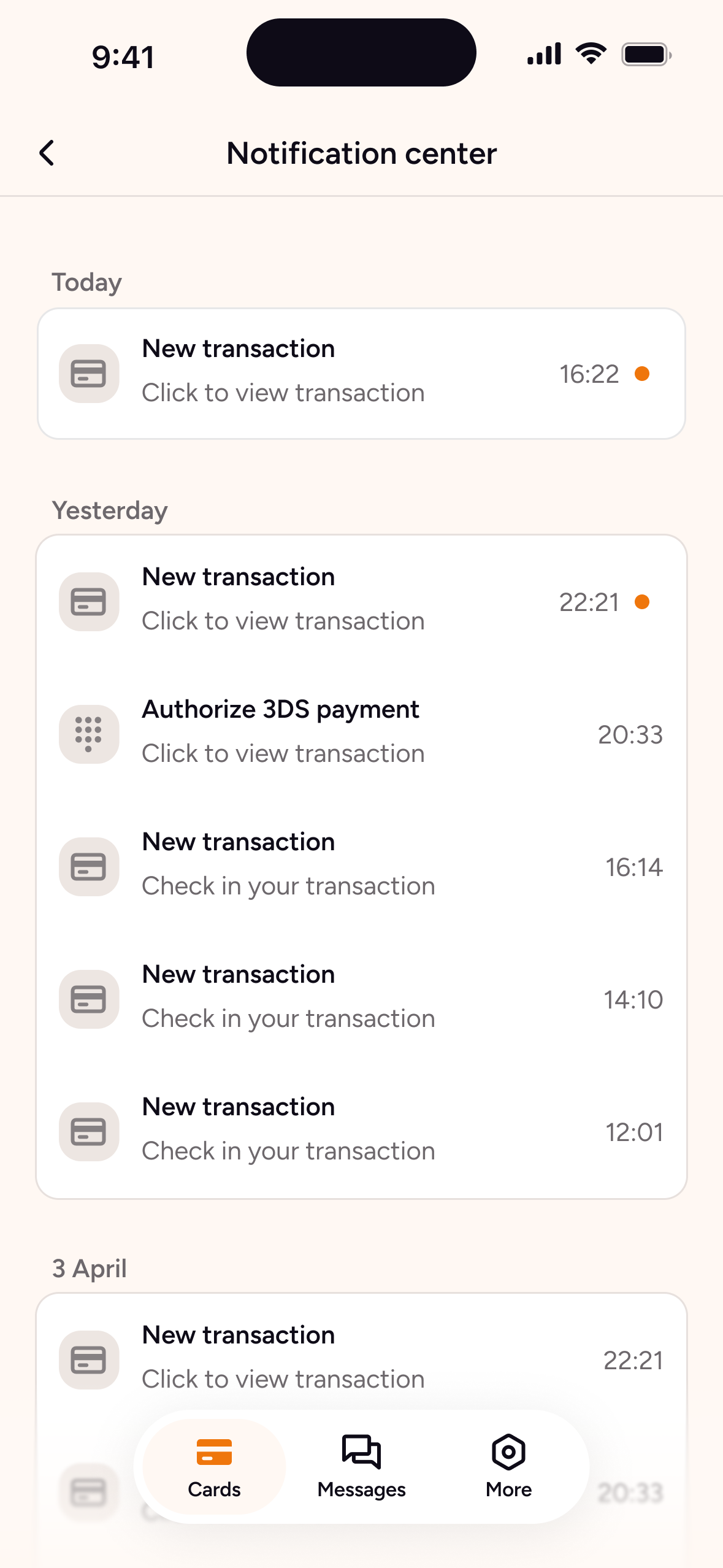 Notiscentret samlar transaktioner grupperade per dag.