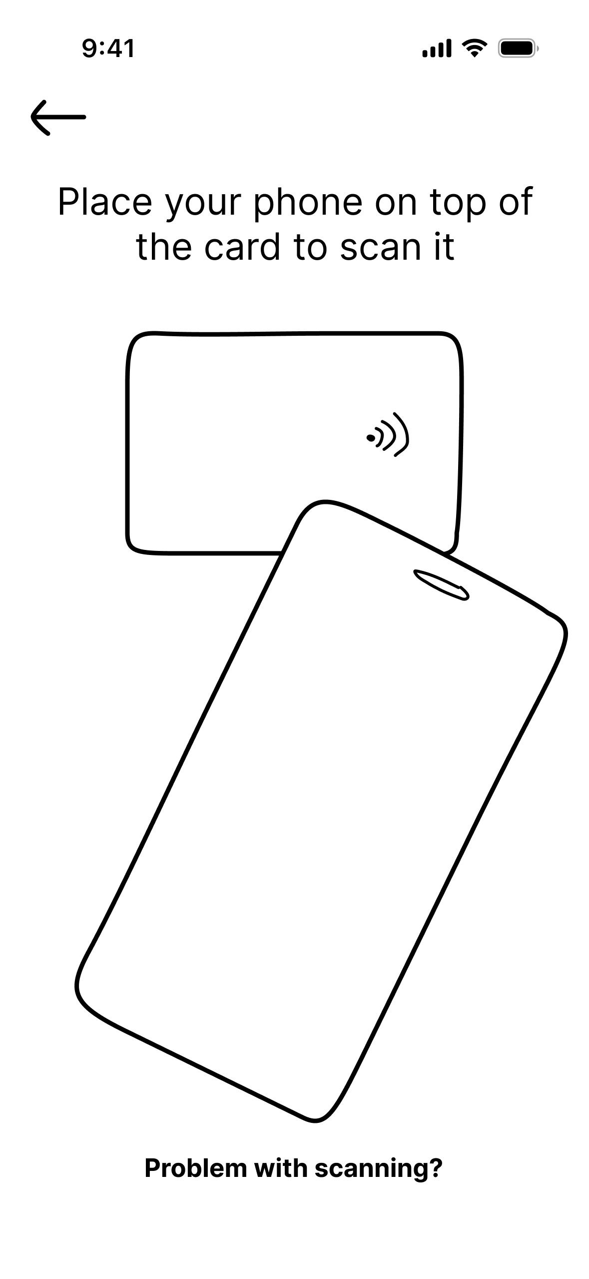 Lägg till kort – instruktion om hur telefonen hålls mot kortet för att läsa av det.