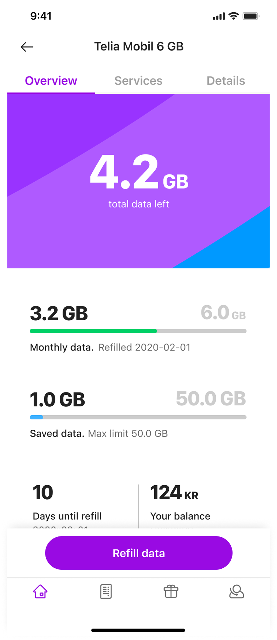 Abonnemangsöversikten visar kvarvarande data, dagar tills påfyllning och saldo – med en tydlig knapp för datapåfyllning.