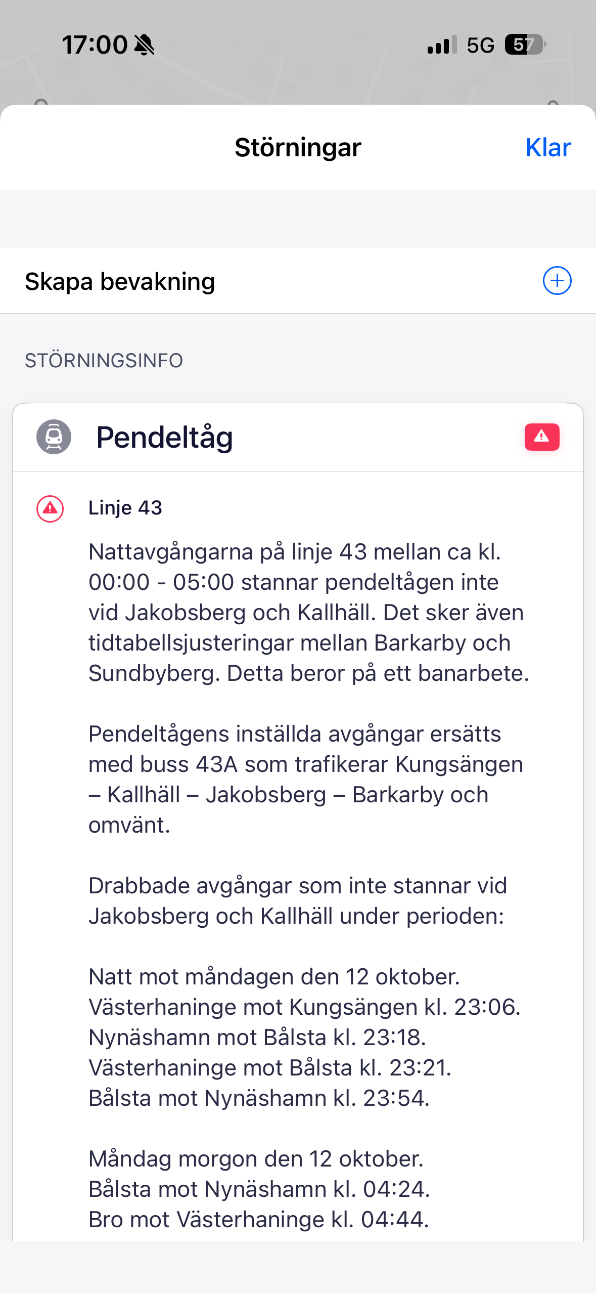 Störningsinfo – aktuella driftstörningar med ersättningstrafik, med möjlighet att bevaka en sträcka.