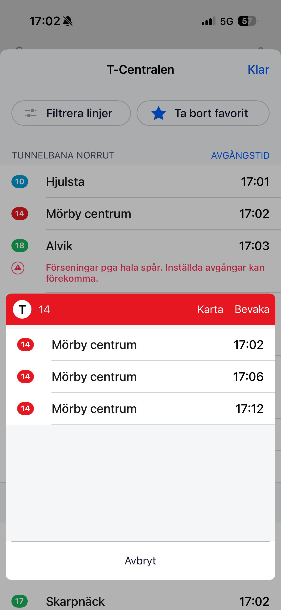 Linjedetalj – kommande avgångar för en linje, med karta, bevakning och störningsinformation på samma skärm.