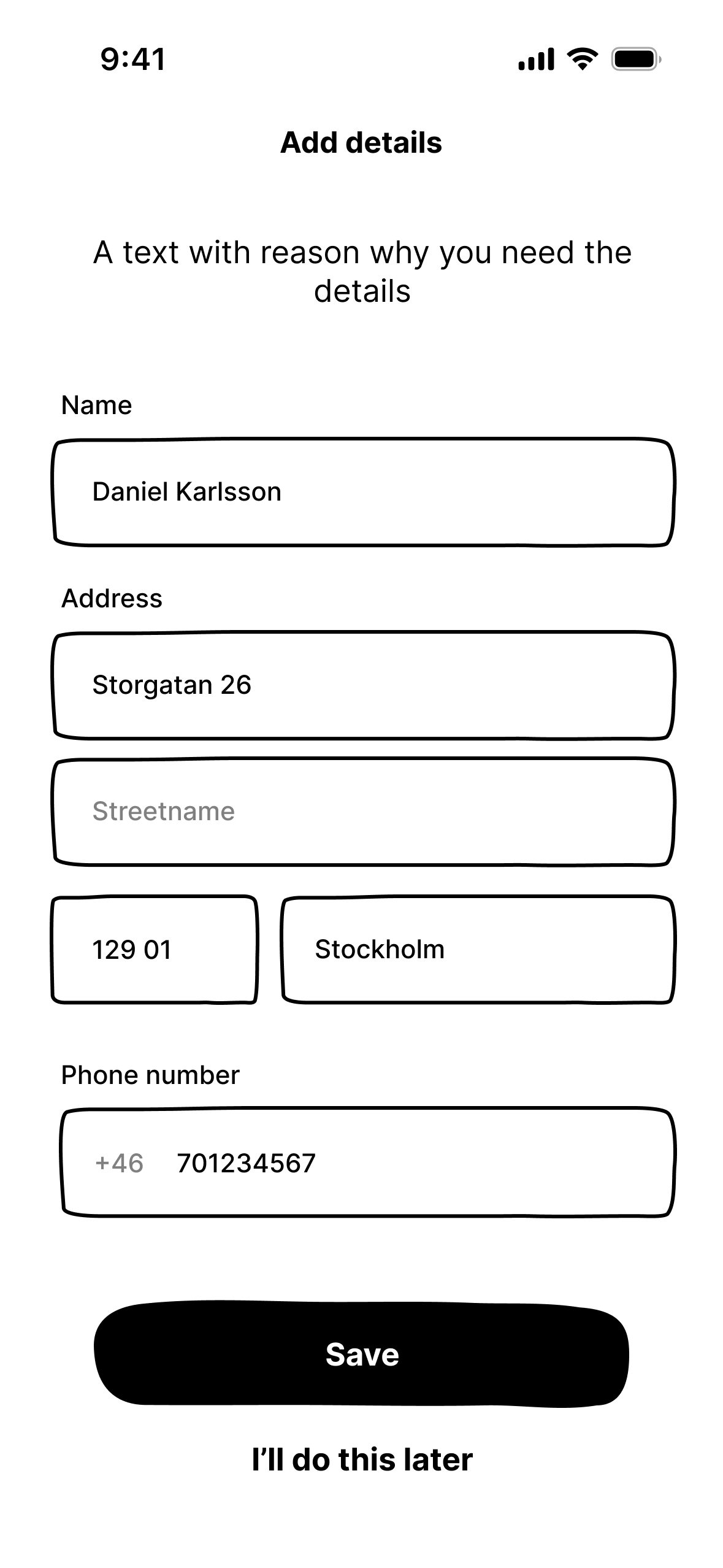 Samma formulär ifyllt – knappen aktiveras och steget går att hoppa över.